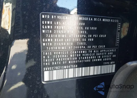 2025 Volkswagen Taos 1.5T Se z USA, uszkodzony, nr VIN 3VVEC7B21SM047558